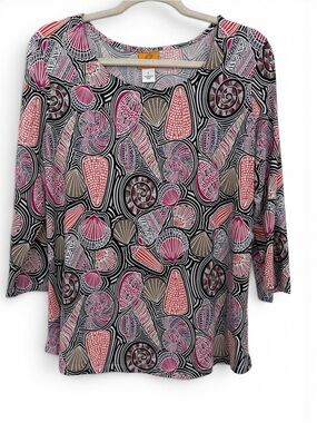 Ruby Rd. Shell & Swirl Scoop Neck Top - Pink, Black & Tan